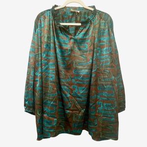 Entro Brown Teal Patterned Blouse Fall Career Church Artsy Oversized XL